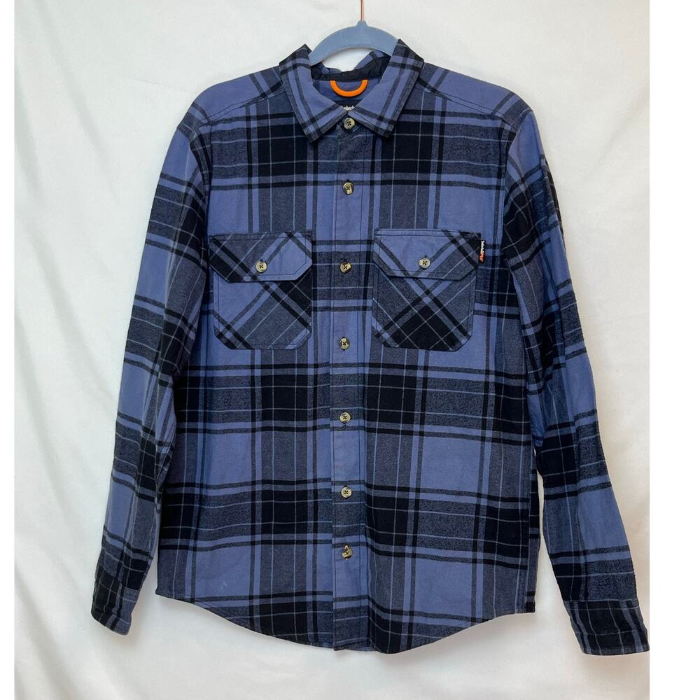 Timberland PRO Men M Blue Black Plaid Heavyweight Flannel Work Shirt Long Sleeve